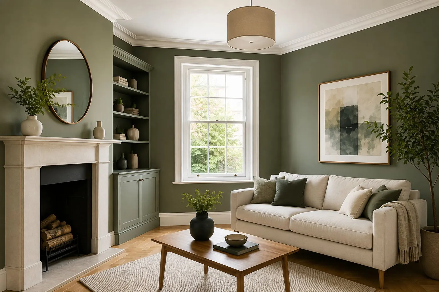 Elegant repainted sage green living room with fireplace and bespoke shelving, Edinburgh