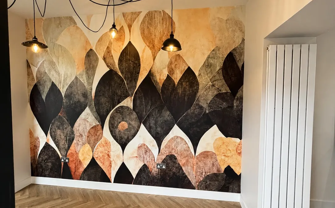 Botanical mural wallpaper feature wall above a herringbone floor, Edinburgh